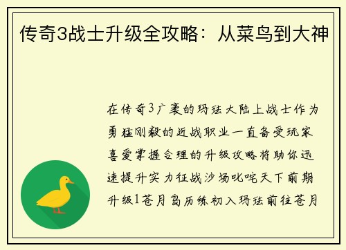 传奇3战士升级全攻略：从菜鸟到大神