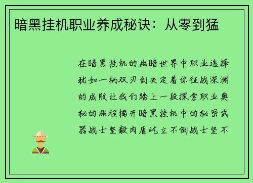 暗黑挂机职业养成秘诀：从零到猛