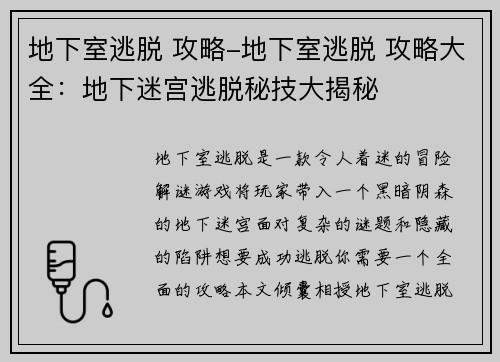 地下室逃脱 攻略-地下室逃脱 攻略大全：地下迷宫逃脱秘技大揭秘