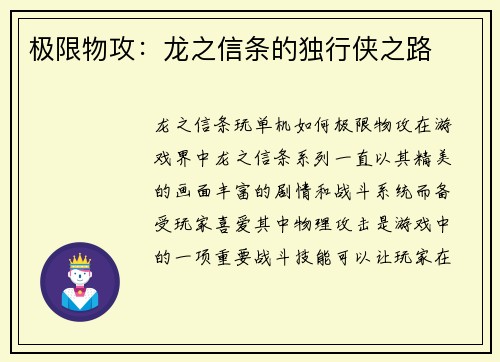 极限物攻：龙之信条的独行侠之路