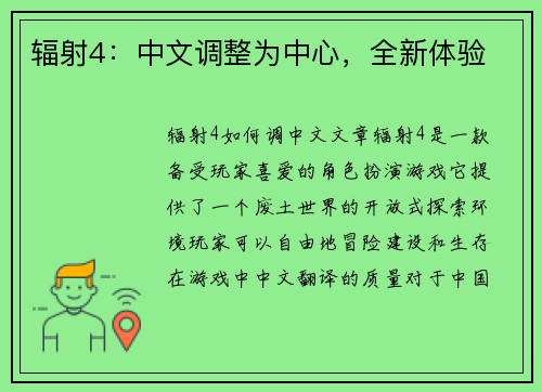 辐射4：中文调整为中心，全新体验